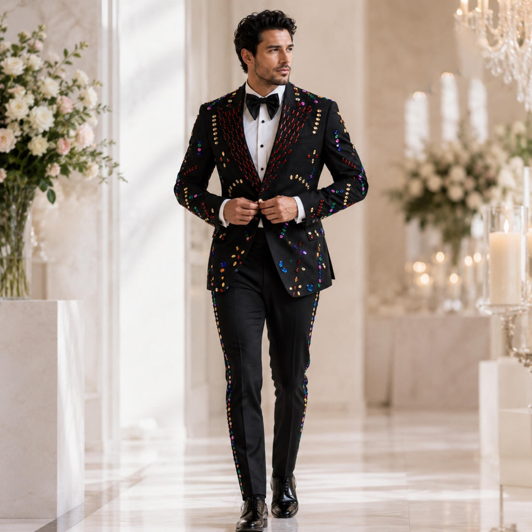 Fashion Black And Colored Diamond Peak Lapel 2 Pieces Men Suit
