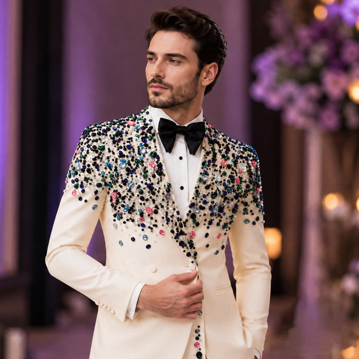 Luxury White Diamond 2 Pieces Double Breasted Men Suit With Peak Lapel For Prom