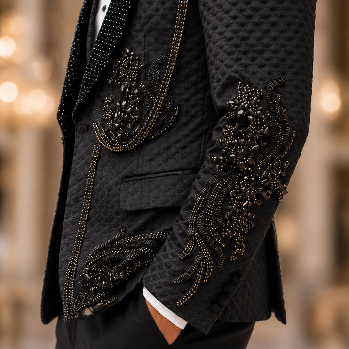 Luxury Black With Shawl Lapel Diamond 3 Pieces Men Suit