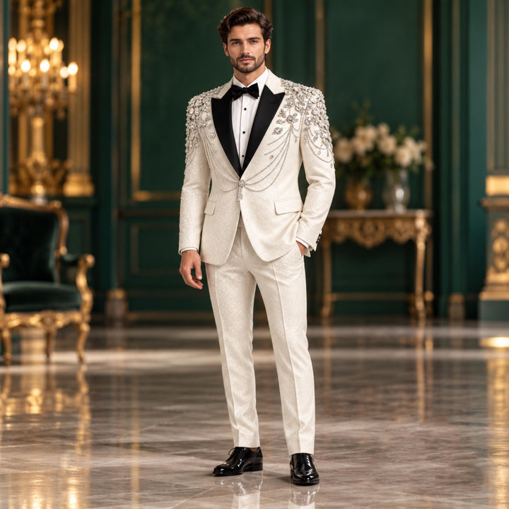 Fashion White And Diamond Peak Lapel 2 Pieces Men Suit
