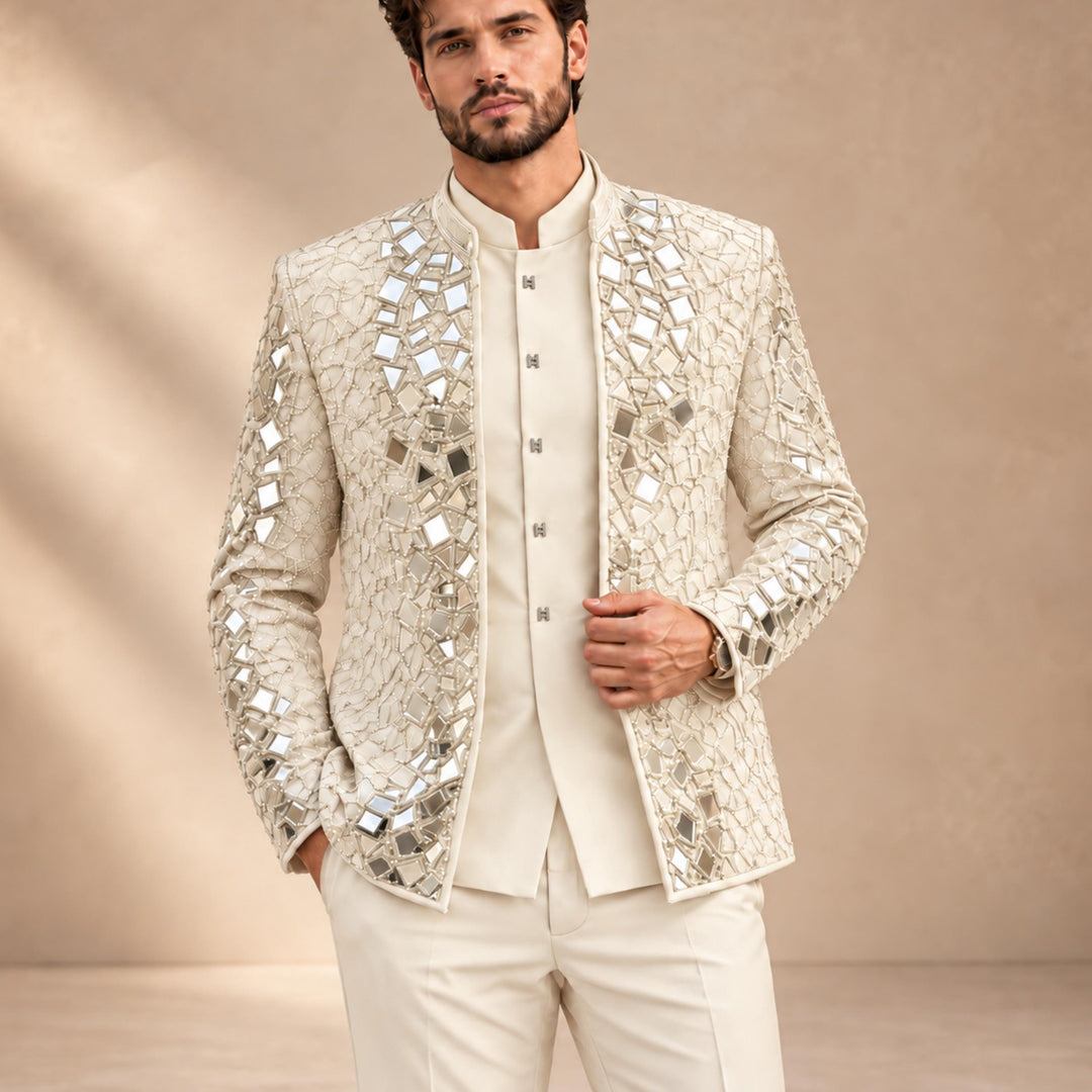 Luxury Mens Stand Collar Mirror-finish Diamond 3 Pieces Suit