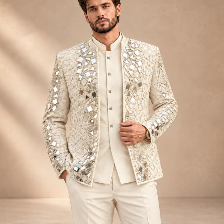 Luxury Mens Stand Collar Mirror-finish Diamond 3 Pieces Suit