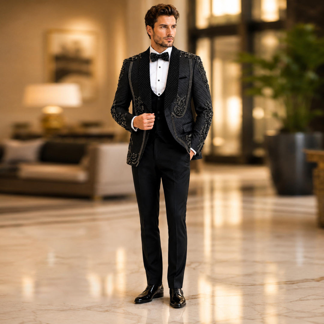 Luxury Black With Shawl Lapel Diamond 3 Pieces Men Suit