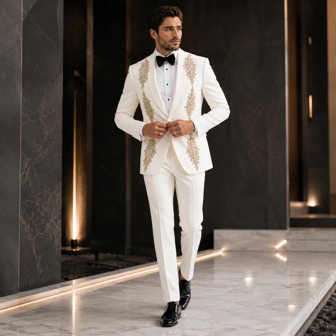 Luxury White Shawl Lapel Embroidered Diamond 2 Pieces Men Suit For Wedding