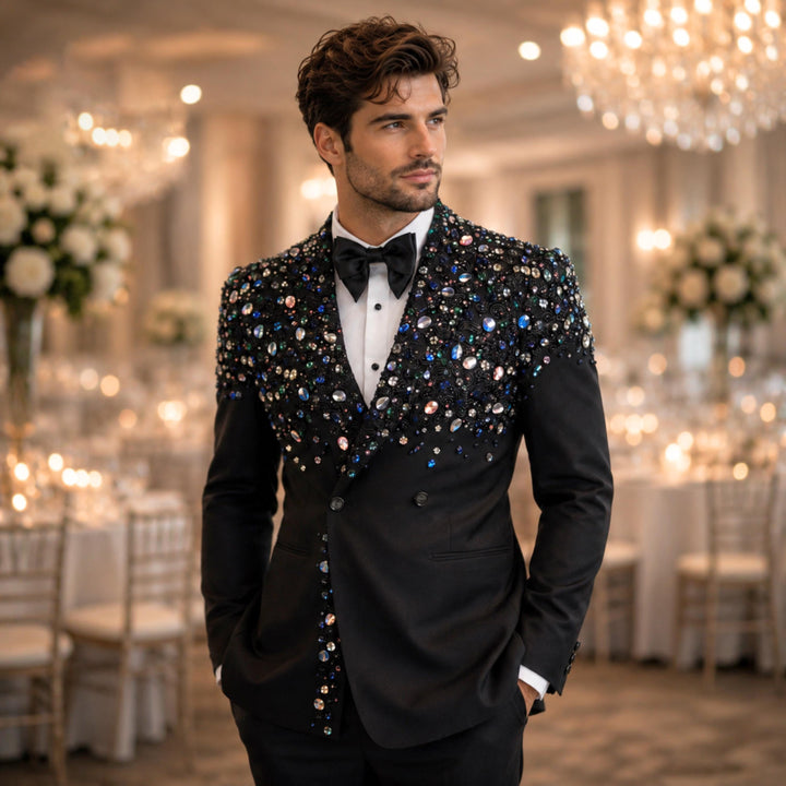 Luxury Black Diamond 2 Pieces Double Breasted Men Suit With Peak Lapel For Prom