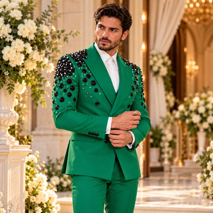Luxury Black Diamond 2 Pieces Double Breasted Men Suit With Peak Lapel For Prom