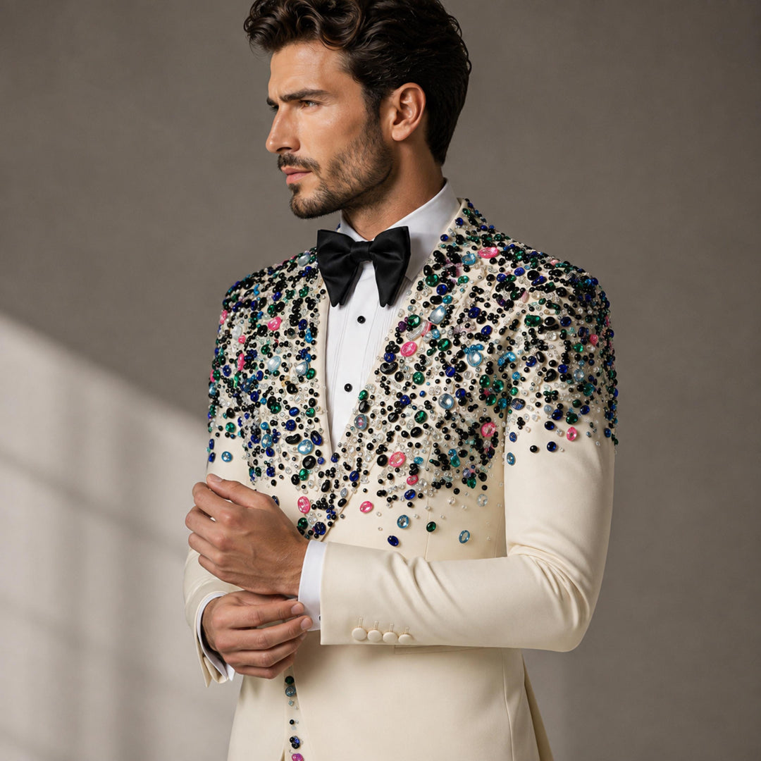 Luxury White Diamond 2 Pieces Double Breasted Men Suit With Peak Lapel For Prom