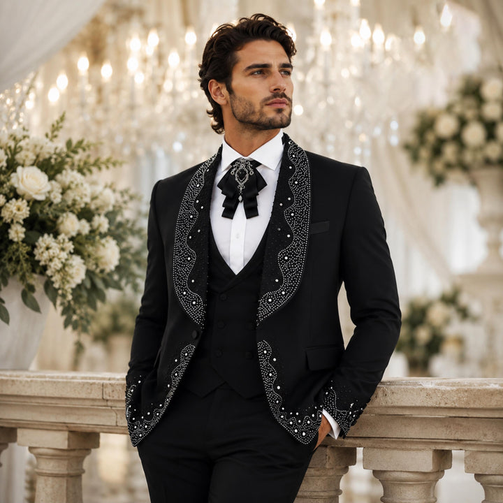 Luxury Black With Shawl Lapel Diamond 3 Pieces Men Suit