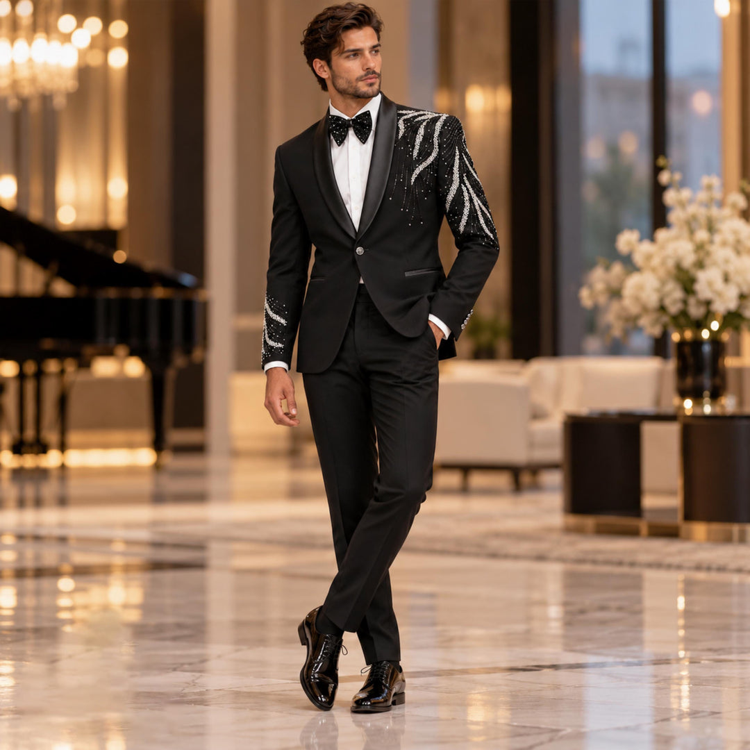 Luxury Black Shawl Lapel Diamond 2 Pieces Men Suit For Prom