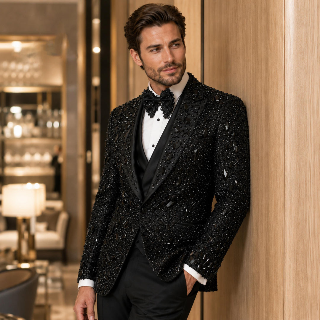 Luxury Black Peak Lapel Embroidered 3 Pieces Mens Suit