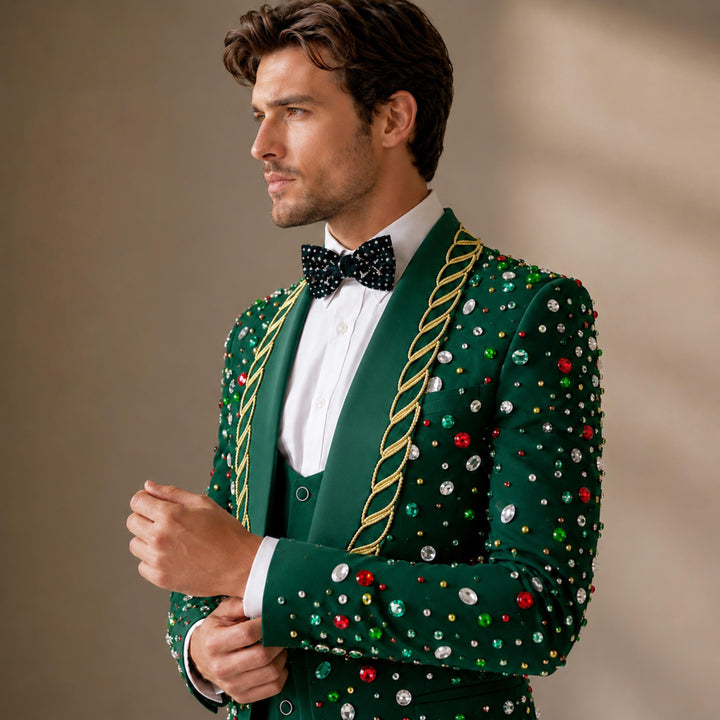 Luxury Black With Shawl Lapel Colored Diamond 3 Pieces Men Suit