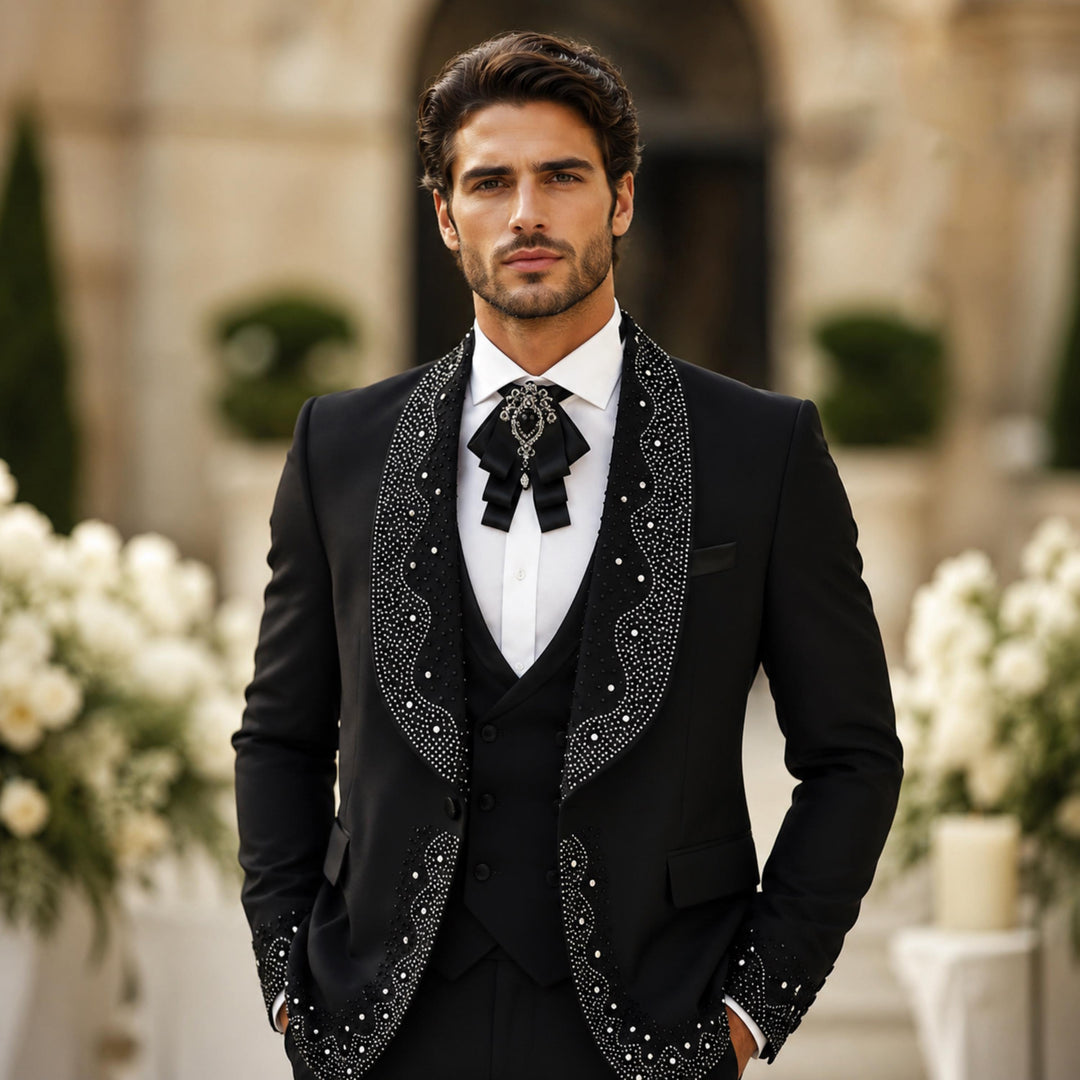 Luxury Black With Shawl Lapel Diamond 3 Pieces Men Suit