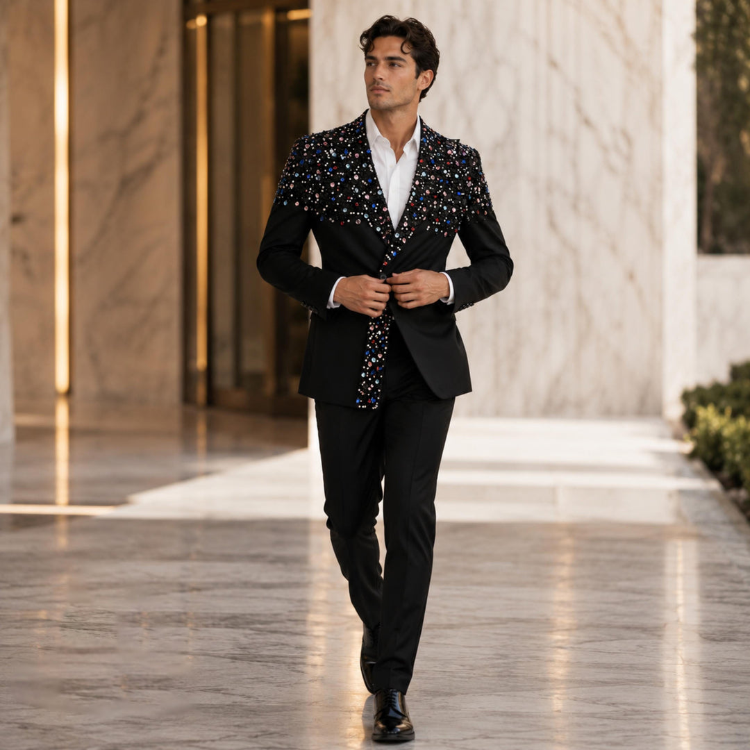 Luxury Black Diamond 2 Pieces Double Breasted Men Suit With Peak Lapel For Prom
