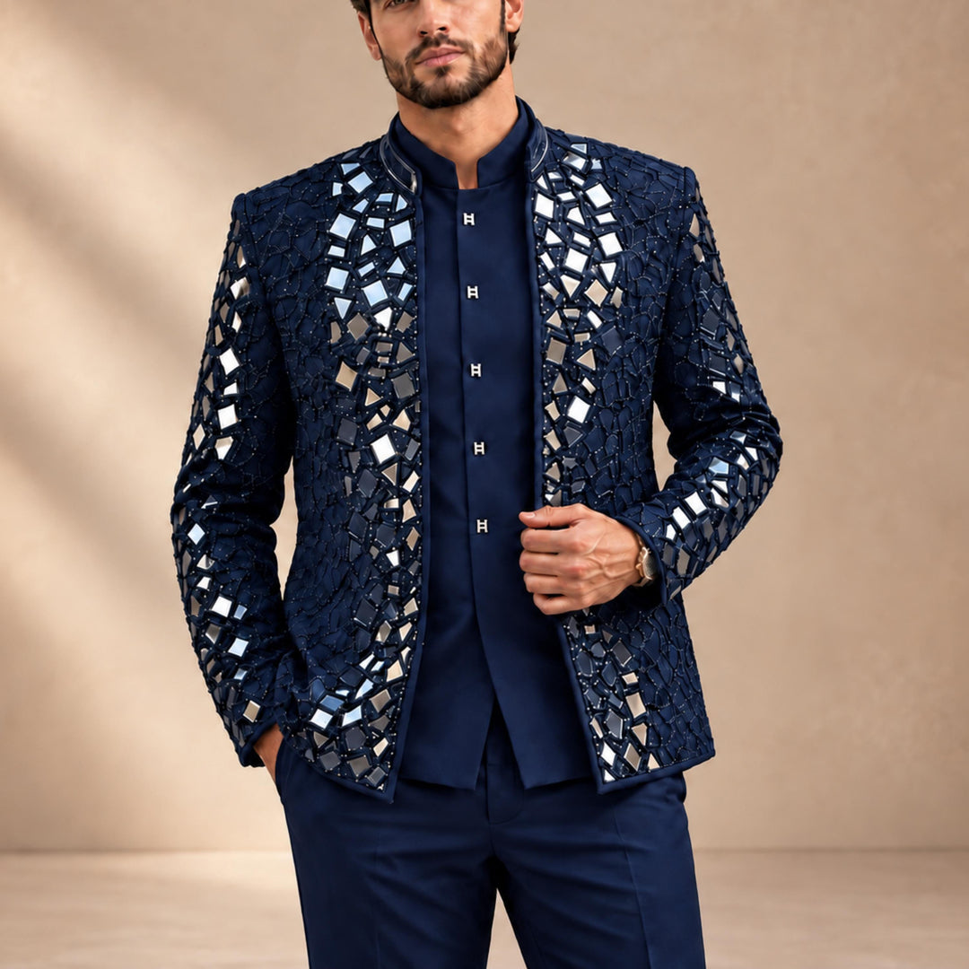 Luxury Mens Stand Collar Mirror-finish Diamond 3 Pieces Suit