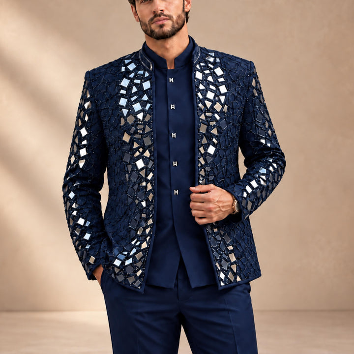 Luxury Mens Stand Collar Mirror-finish Diamond 3 Pieces Suit