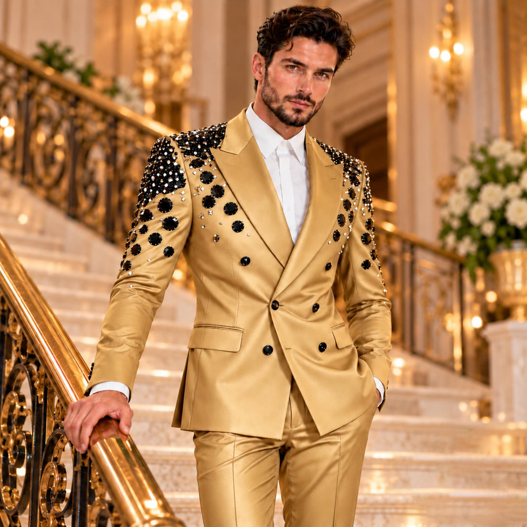 Luxury Black Diamond 2 Pieces Double Breasted Men Suit With Peak Lapel For Prom