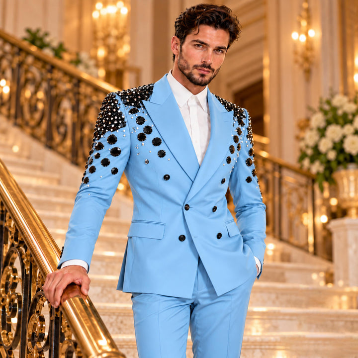 Luxury Black Diamond 2 Pieces Double Breasted Men Suit With Peak Lapel For Prom