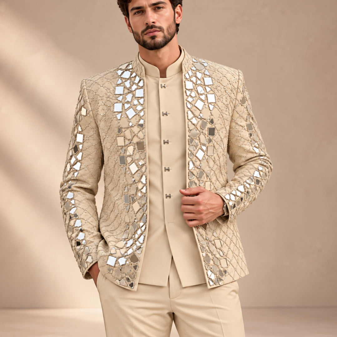 Luxury Mens Stand Collar Mirror-finish Diamond 3 Pieces Suit