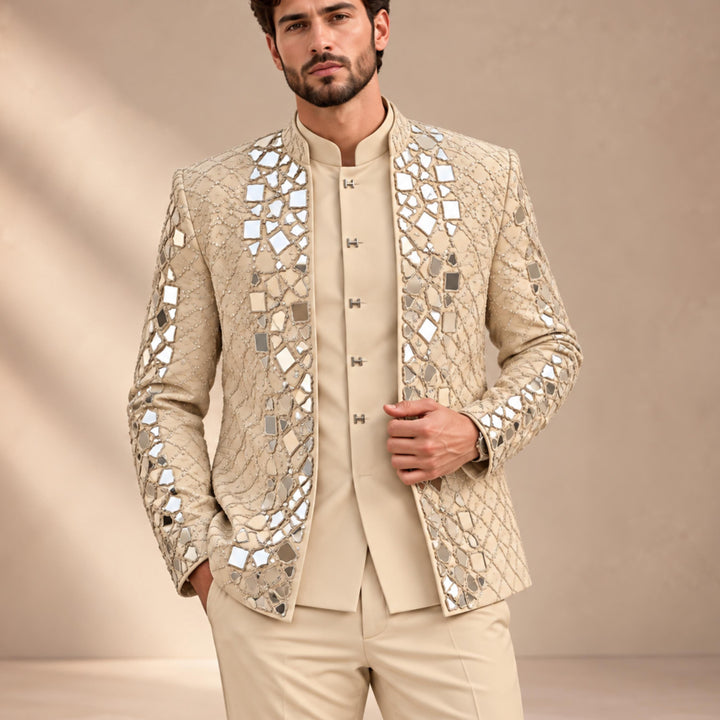 Luxury Mens Stand Collar Mirror-finish Diamond 3 Pieces Suit