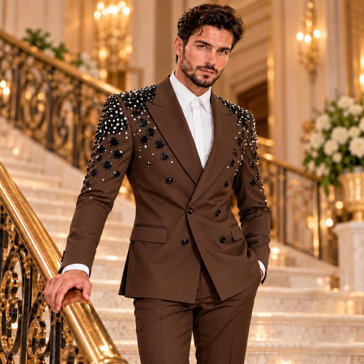 Luxury Black Diamond 2 Pieces Double Breasted Men Suit With Peak Lapel For Prom