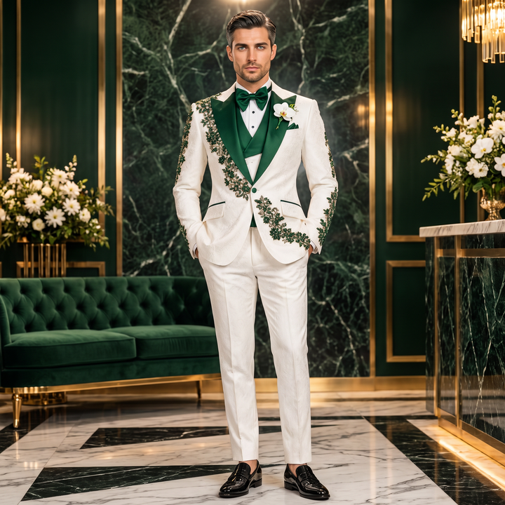 Fashion White And Green Diamond 3 Pieces Suit With Peak Lapel