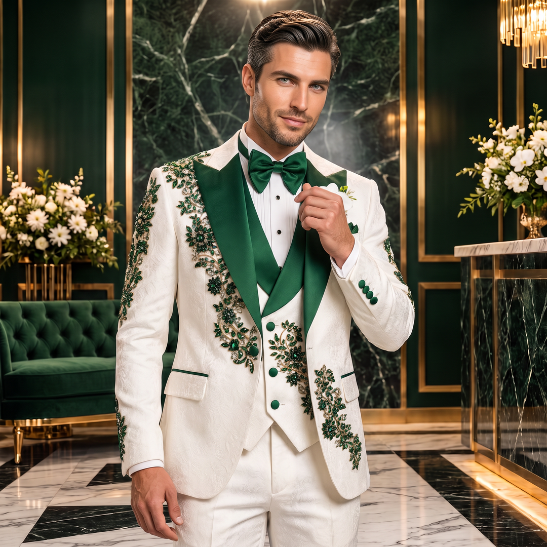Fashion White And Green Diamond 3 Pieces Suit With Peak Lapel