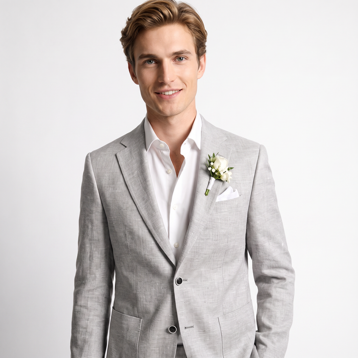 Menseventwear Formal 2 Pieces Mens Suits Flat Linen Notch Lapel Set (Blazer + Pants)