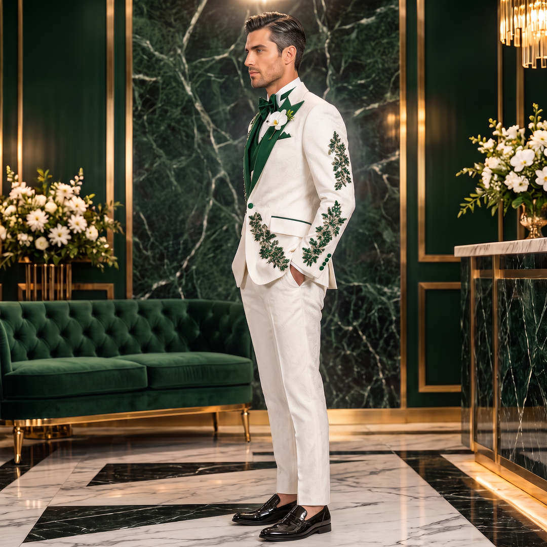 Fashion White And Green Diamond 3 Pieces Suit With Peak Lapel