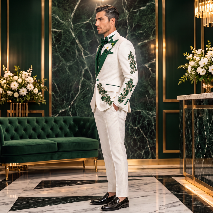 Fashion White And Green Diamond 3 Pieces Suit With Peak Lapel