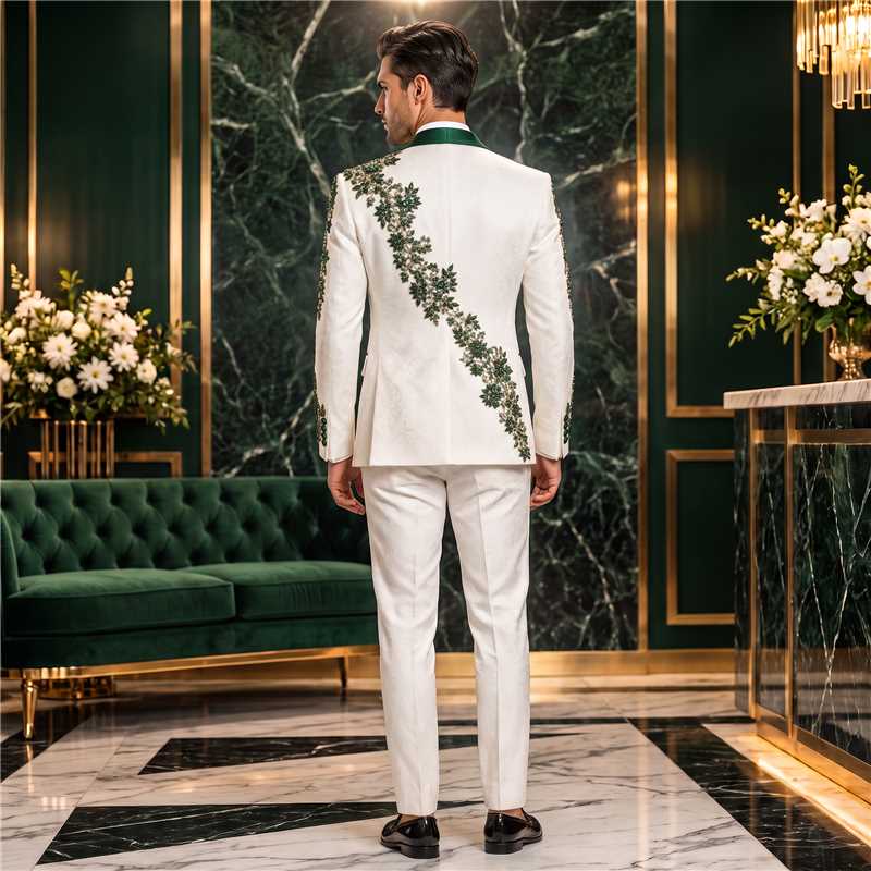 Fashion White And Green Diamond 3 Pieces Suit With Peak Lapel