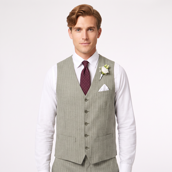 Menseventwear Fashion 2 Pieces Mens Stripe Suit Flat V-Neck Vest Suit For Wedding (Vest + Pants)