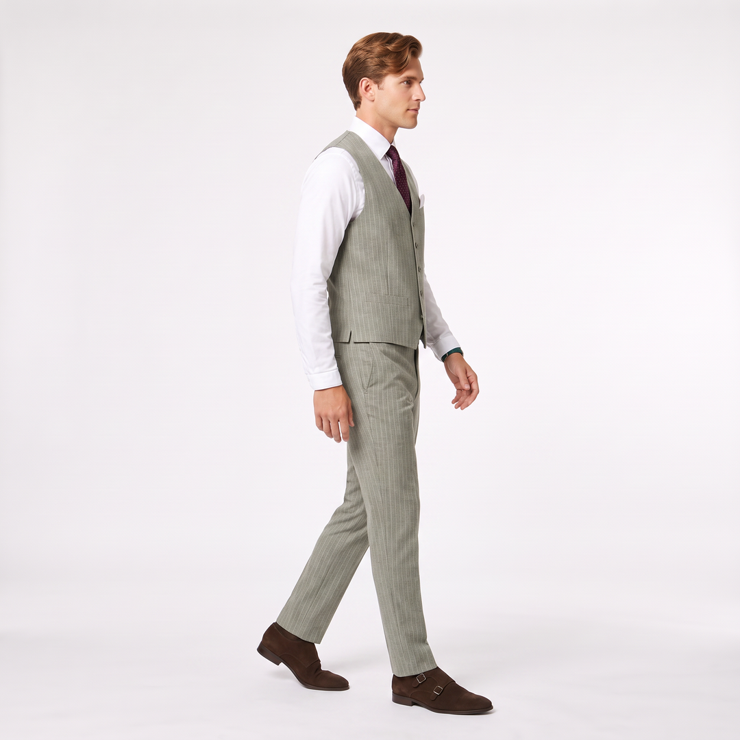 Menseventwear Fashion 2 Pieces Mens Stripe Suit Flat V-Neck Vest Suit For Wedding (Vest + Pants)