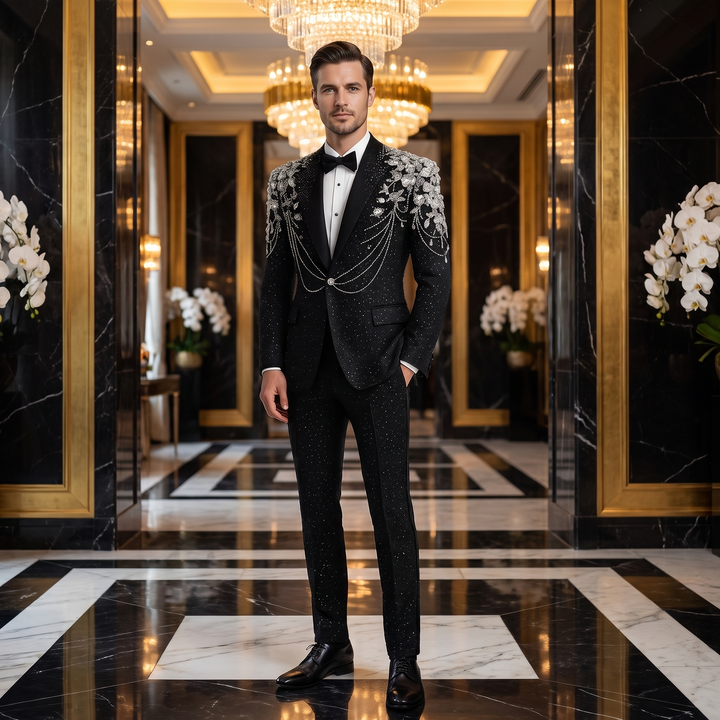 Luxury Black Mens Suit In Beaded 2 Pieces Suit With Peak Lapel For Prom