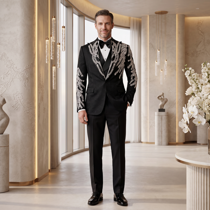 Luxury Black Peak Lapel Embroidered 3 Pieces Mens Suit