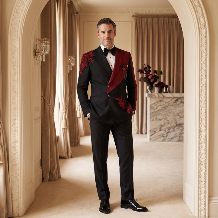 Fashion 2 Pieces Suit In Black And Dark Red Peaked Lapel Appliques With Diamond For Prom