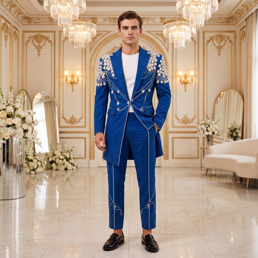 Fashion Royal Blue And Diamond Peak Lapel 2 Pieces Men Suit