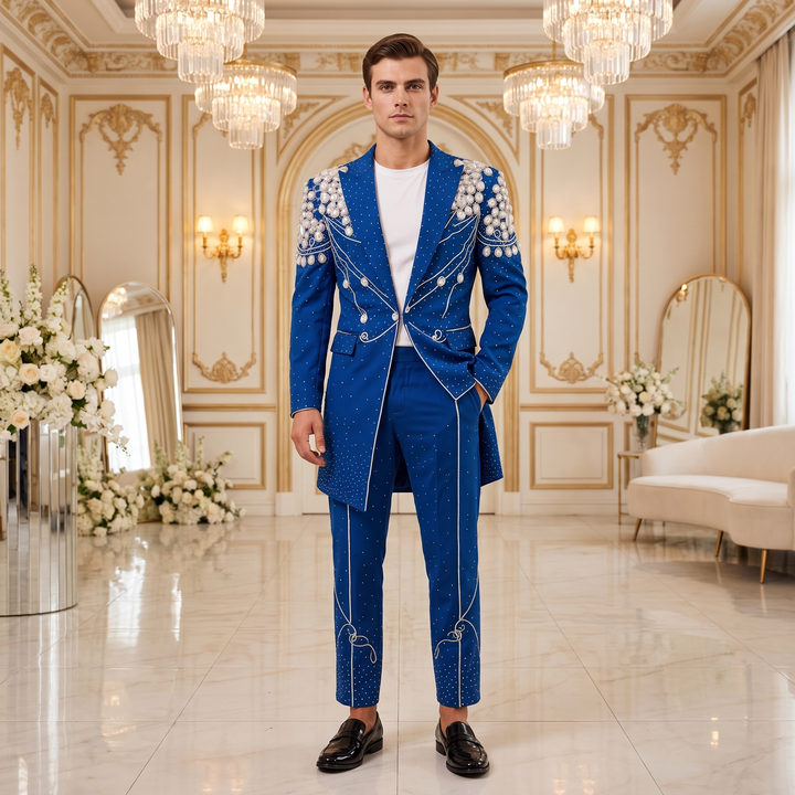 Fashion Royal Blue And Diamond Peak Lapel 2 Pieces Men Suit