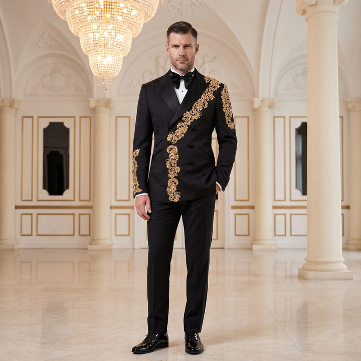 Luxury Black Peak Lapel Embroidered Diamond 2 Pieces Men Double Breasted Suit For Wedding