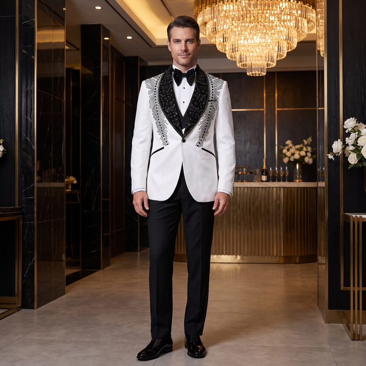Luxury White Beaded Shawl Lapel Suit With Handmade Formal 3 Pieces Suit