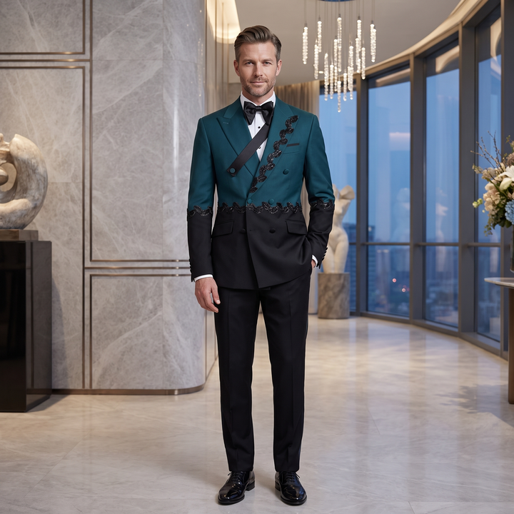 Fashion 2 Pieces Suit In Teal And Black Peaked Lapel Appliques Diamond For Prom