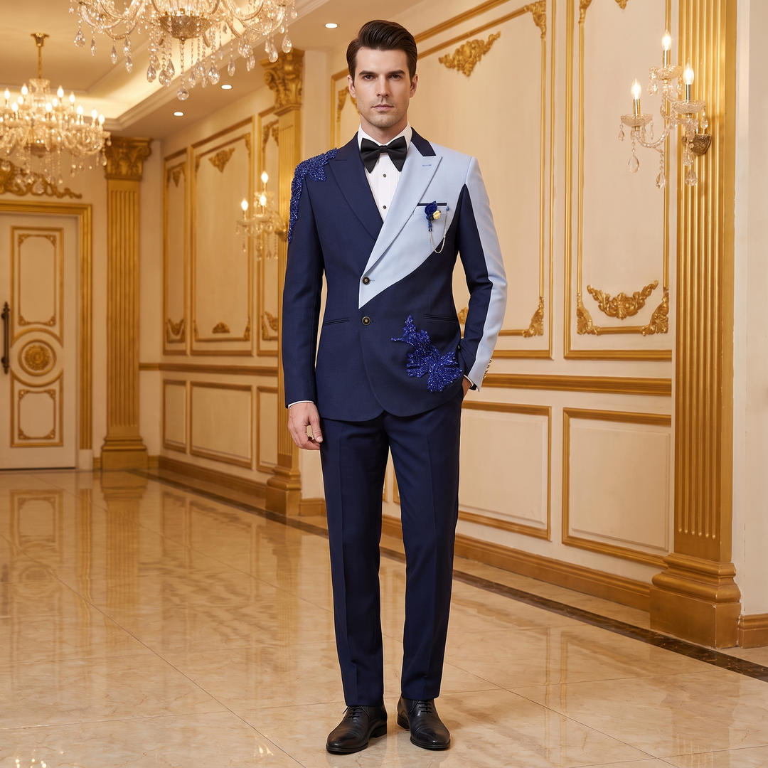 Fashion Navy And Light Blue Peak Lapel Embroidered Diamond 2 Pieces Suit For Party