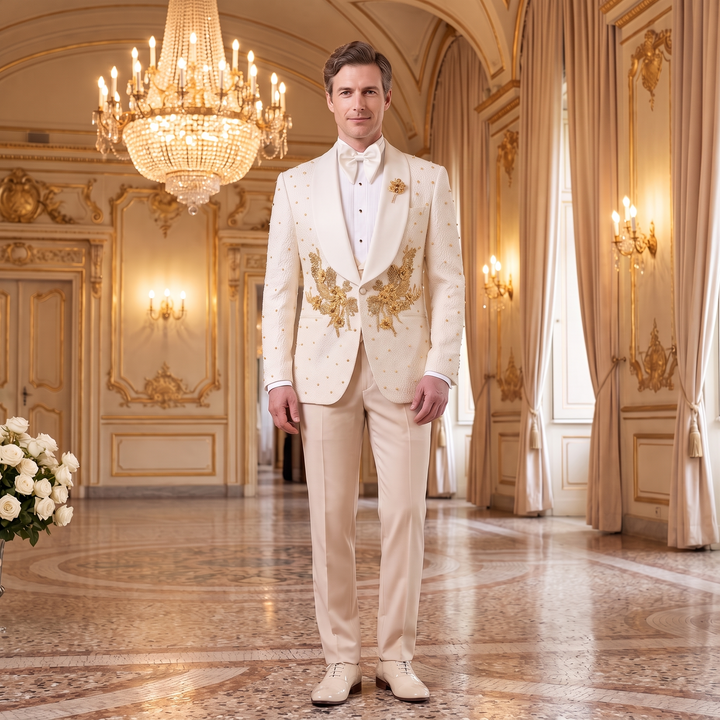 Luxury Beige Shawl Lapel Embroidered Diamond 3 Pieces Men Suit For Wedding