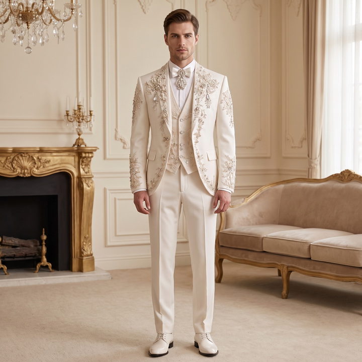 Luxury White Peak Lapel Embroidered Diamond 3 Pieces Men Suit For Wedding