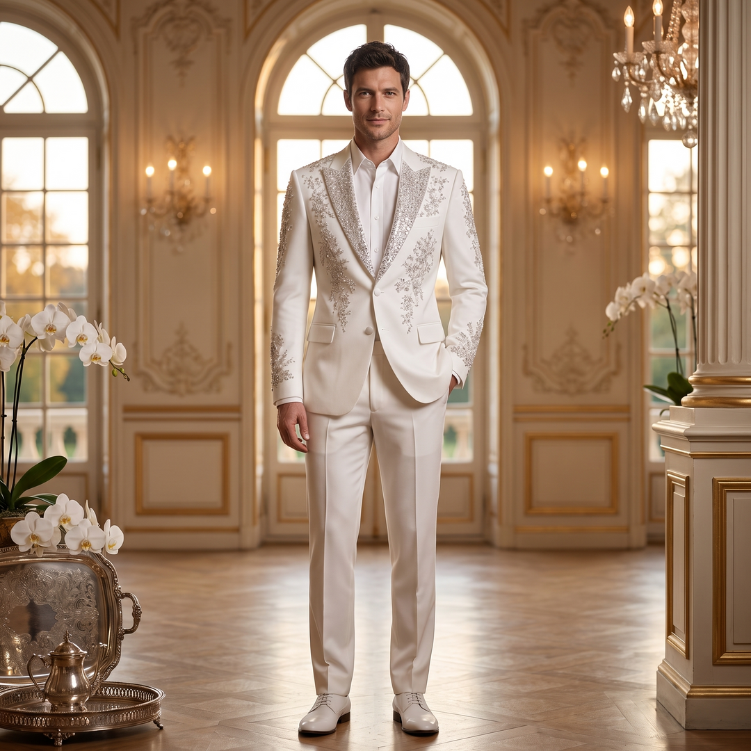Fashion White And Emerald Diamond Peak Lapel 2 Pieces Men Suit