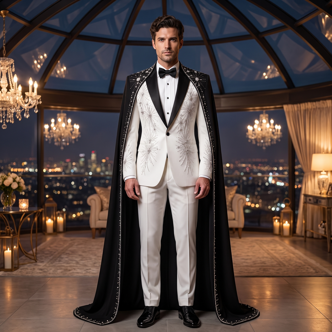 Luxury White Peak Lapel Diamond 2 Pieces Men Suit With Black Embroidered Cape