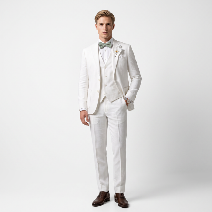 Menseventwear Formal 3 Pieces Mens Suit Flat Linen Notch Lapel Suits For Wedding (Blazer+Vest+Pants)