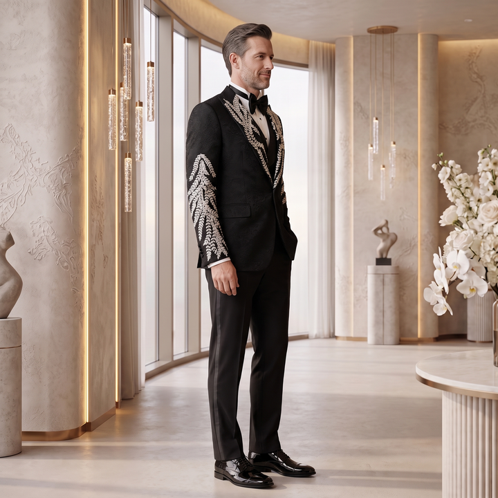 Luxury Black Peak Lapel Embroidered 3 Pieces Mens Suit