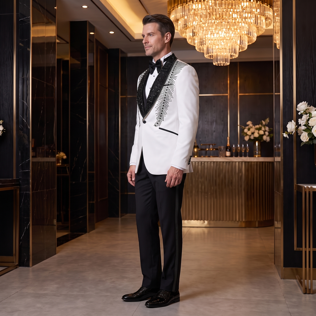 Luxury White Beaded Shawl Lapel Suit With Handmade Formal 3 Pieces Suit