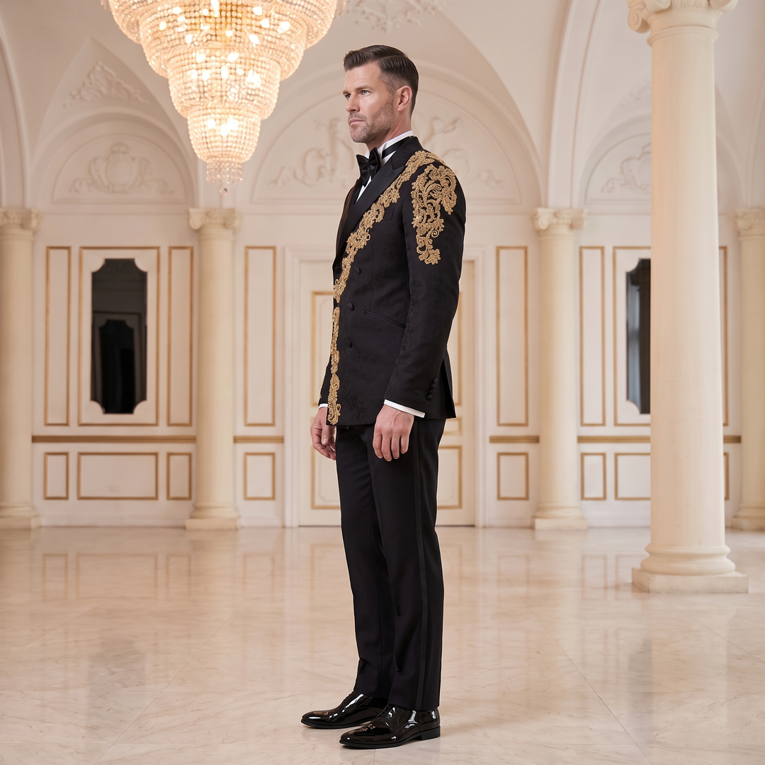 Luxury Black Peak Lapel Embroidered Diamond 2 Pieces Men Double Breasted Suit For Wedding