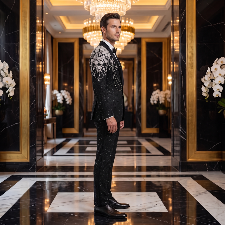 Luxury Black Mens Suit In Beaded 2 Pieces Suit With Peak Lapel For Prom
